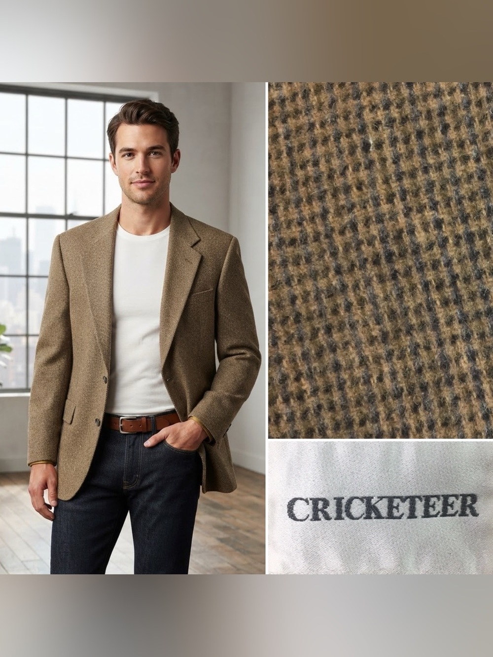 Vintage Cricketeer Men's 42R Brown Wool Camel Hair Tweed Blazer Jacket Coat